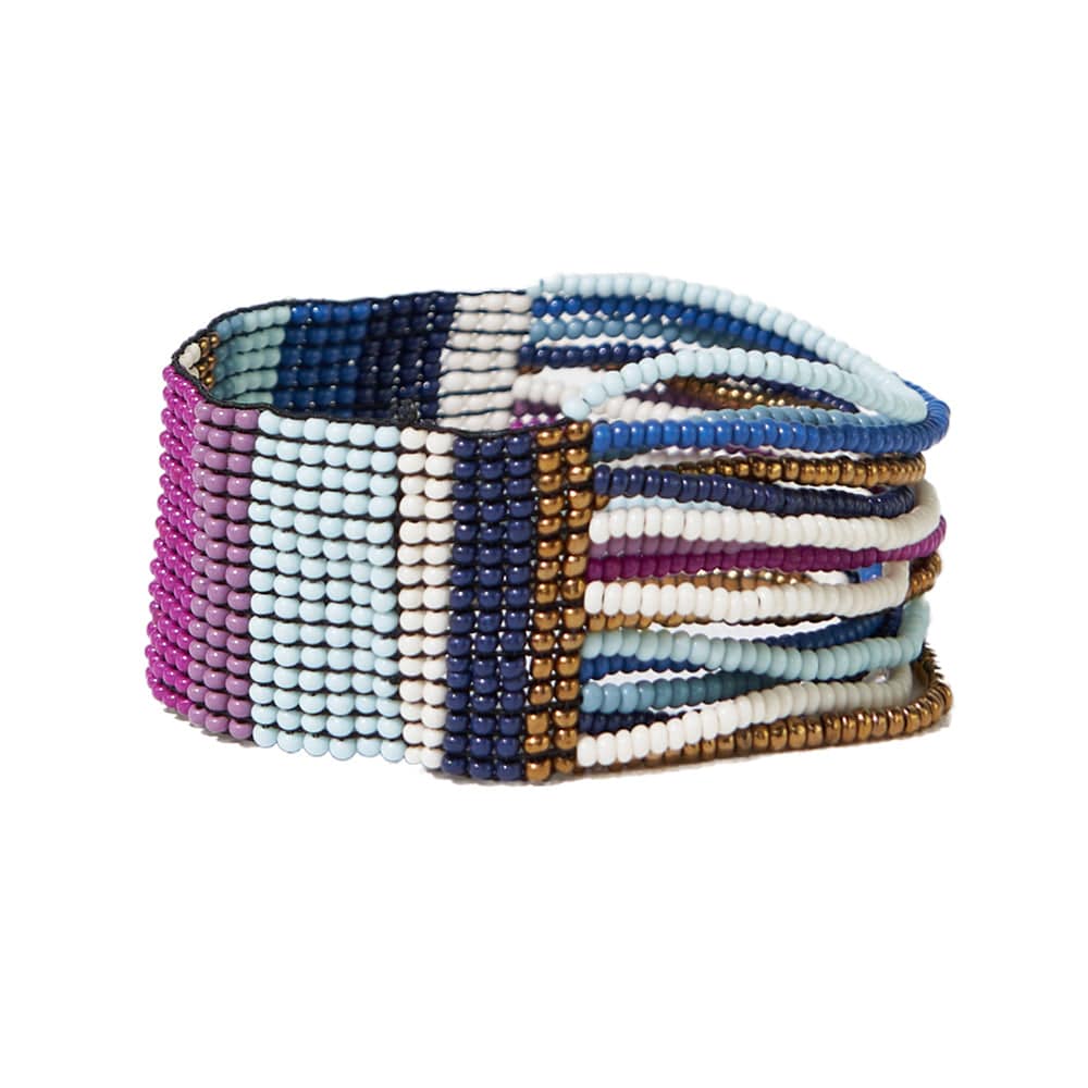 Charlie Vertical Mixed Stripes Half Woven Beaded Stretch Bracelet Blue + Lavender WIDE STRETCH