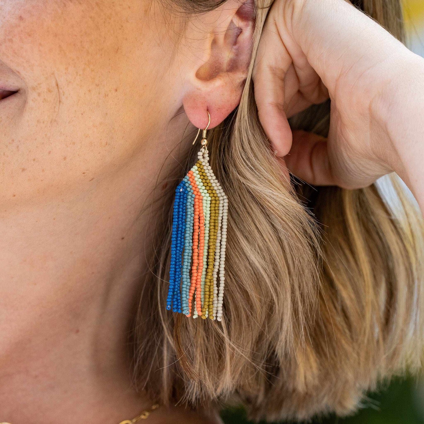 Dolly Vertical Stripe Beaded Fringe Earrings Coastal Earrings