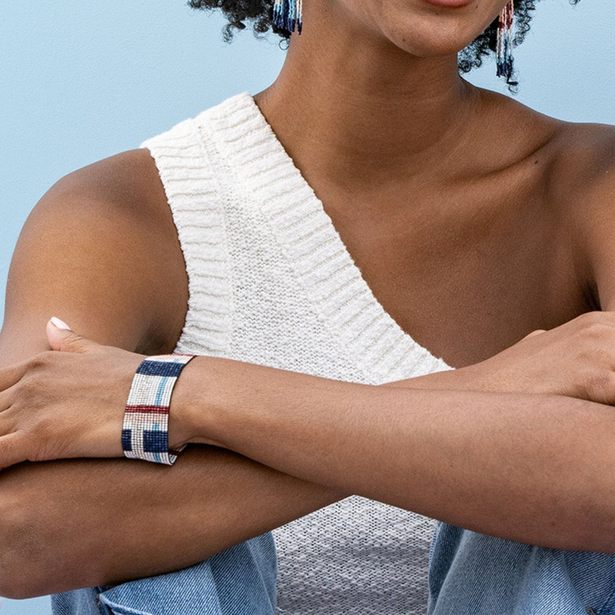 Kenzie Woven Stripes Beaded Stretch Bracelet Navy + Silver – INK+ALLOY, LLC