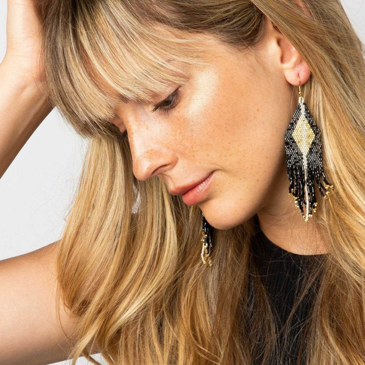 Lacy Diamond with Stripe Beaded Fringe Earrings Black – INK+ALLOY, LLC