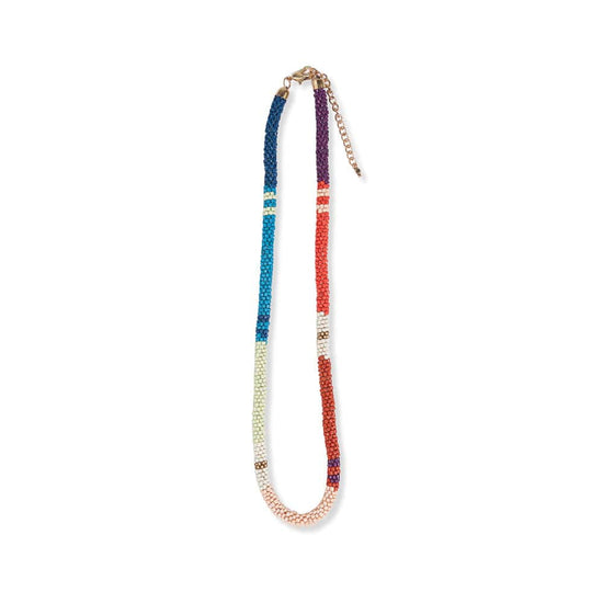 Maria Color Block and Stripe Beaded Necklace Light Pink and Teal Necklace