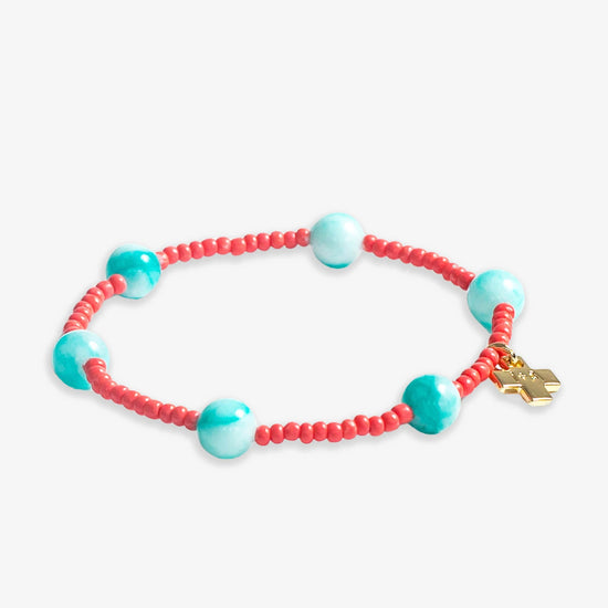 Mia Small Seed Bead With Round Stones Stretch Bracelet Coral/Turquoise