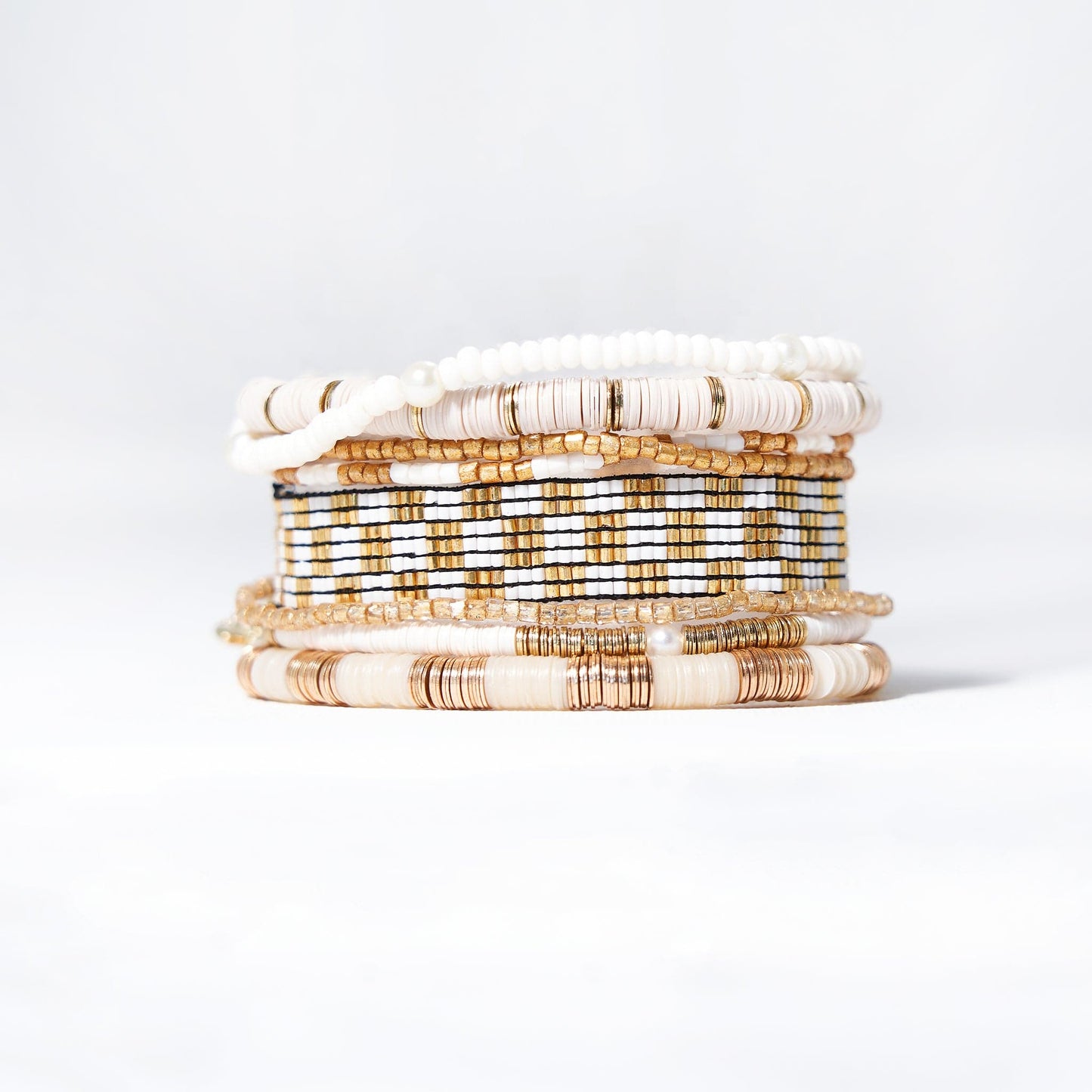 Mixed bracelet stack of 7 Ivory and Gold