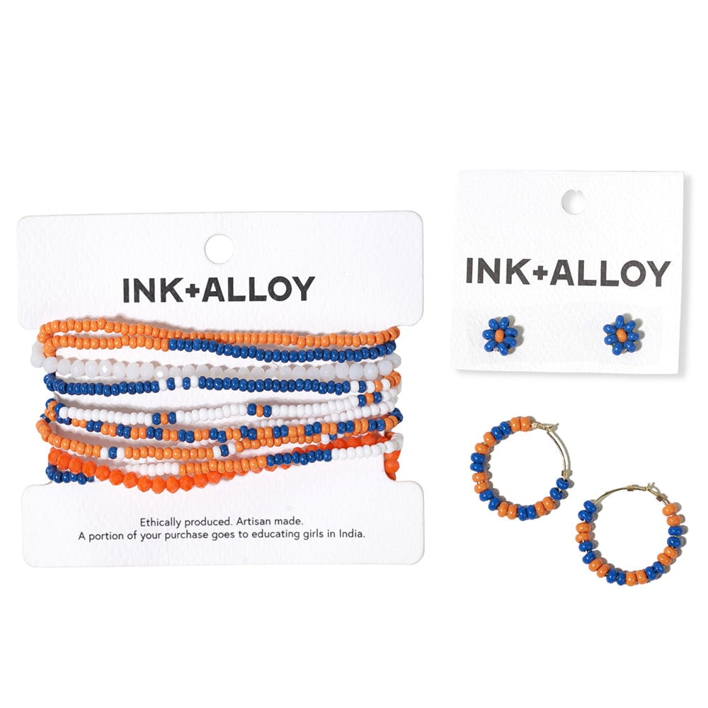 Sage color block beaded 10 strand stretch bracelets blue + orange