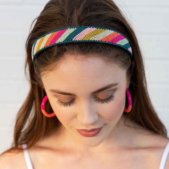 Stevie Diagonal Striped Beaded Headband Bright Rainbow Hair Accessories