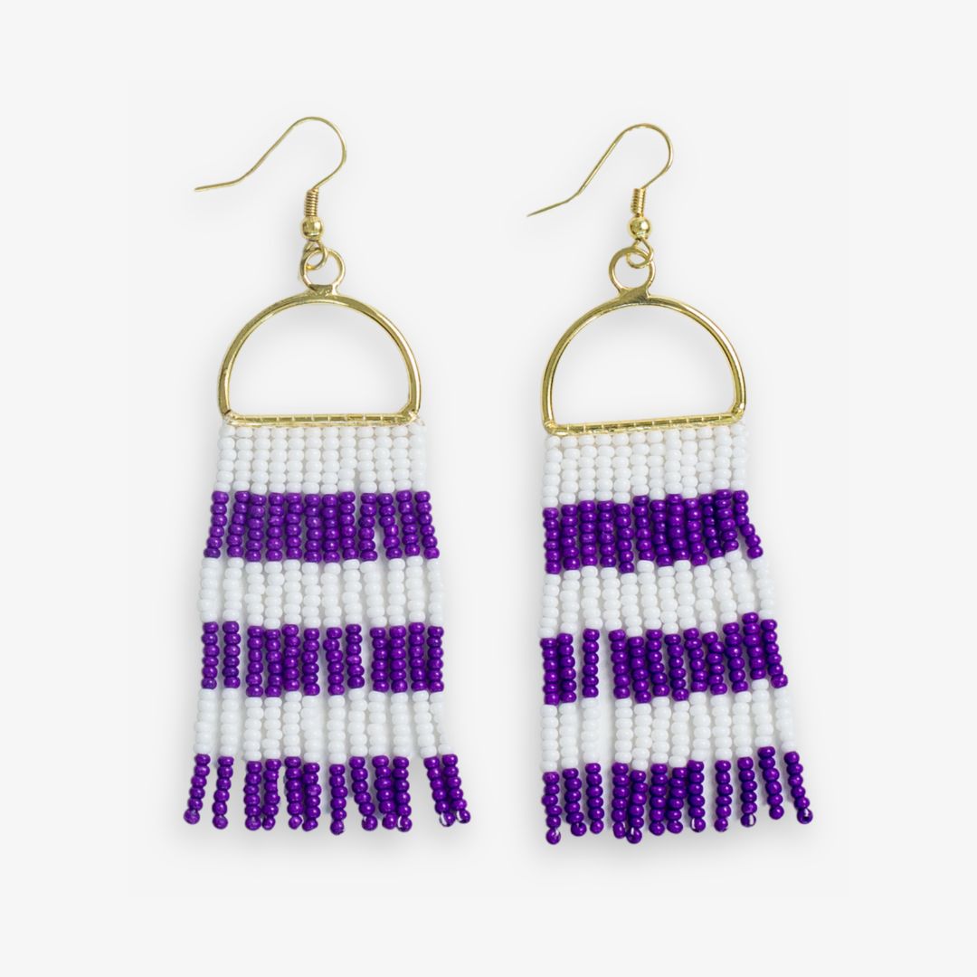 Allison Game Day Horizontal Stripes Beaded Fringe Earrings Purple and White