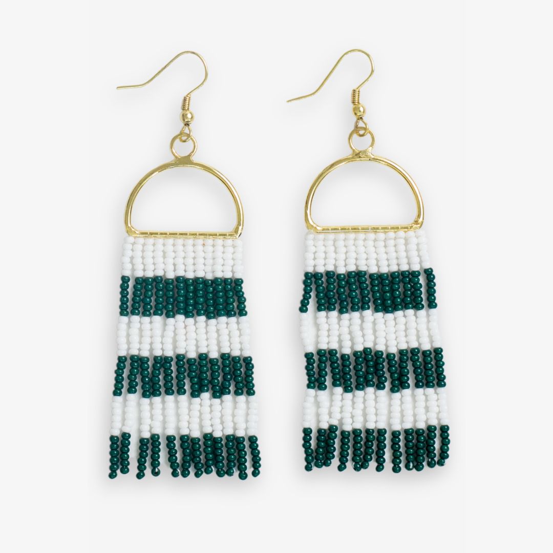 Allison Game Day Horizontal Stripes Beaded Fringe Earrings Dark Green and White