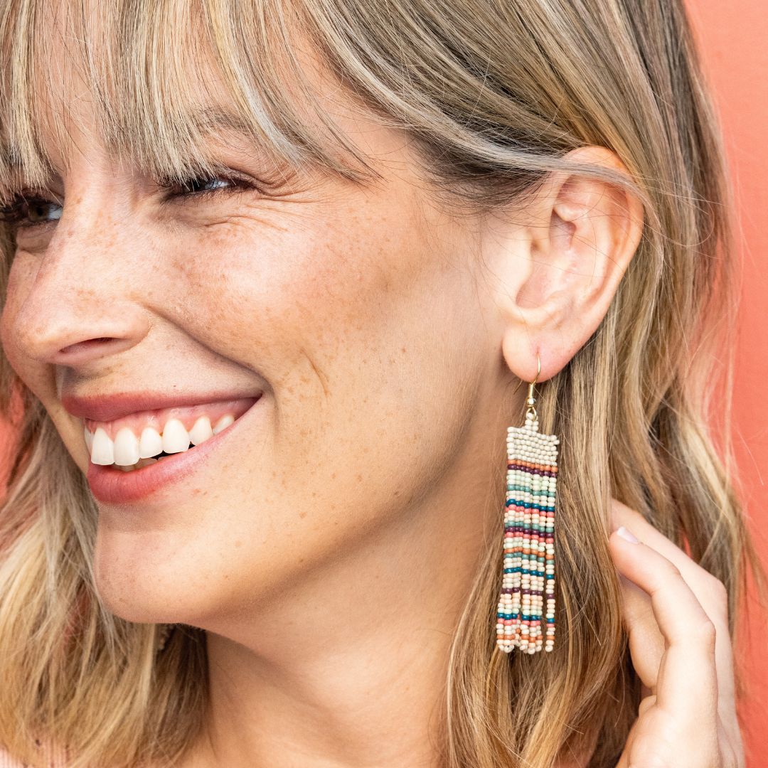 Adaline Horizontal Stripes Beaded Fringe Earrings Light Desert