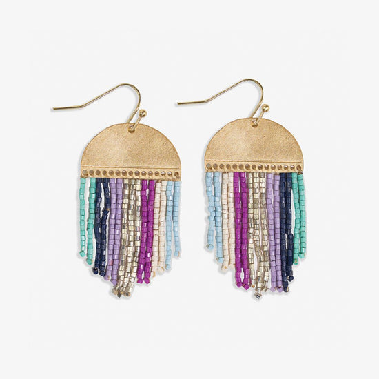 Claudia Multi-Striped Short Beaded Fringe Earrings Blue + Lavender