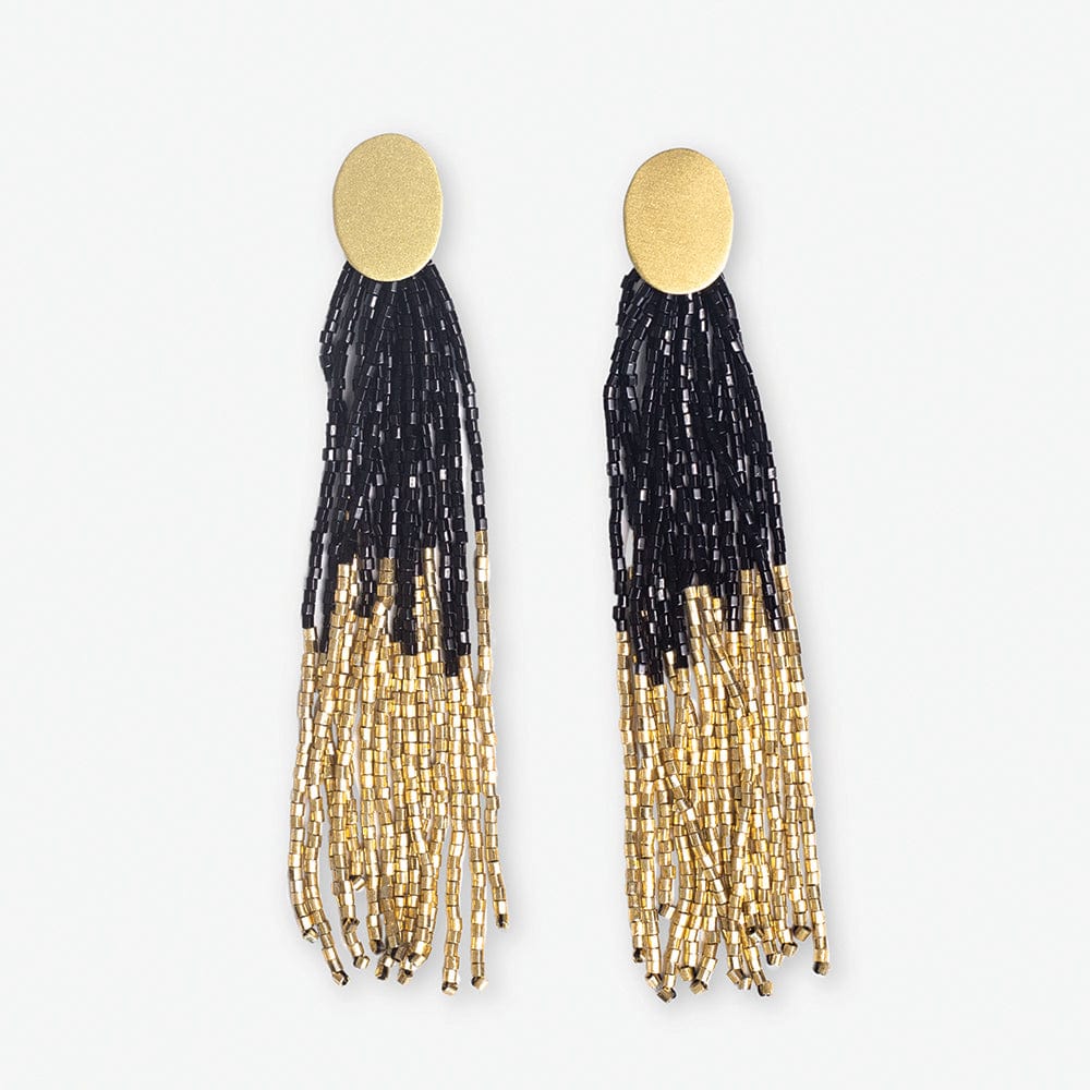 Mae Oval Brass Post 2-Color Beaded Tassel Earrings Black