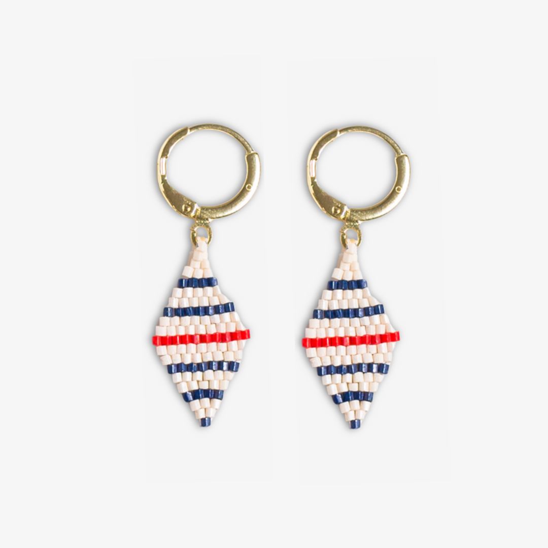 Carmen Mini Gold Hoop Single Horizontal Stripes Beaded Drop Earrings Navy