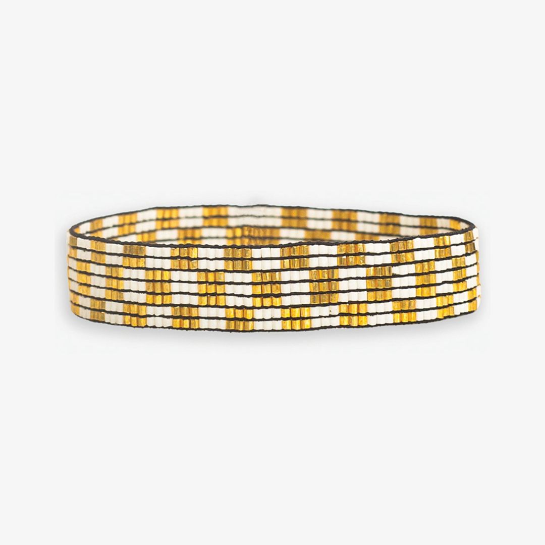 Alex Small Checkered Beaded Stretch Bracelet Ivory/Gold