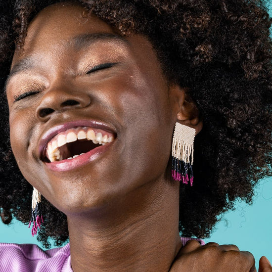 Ava Color Block Beaded Fringe Earrings Magenta