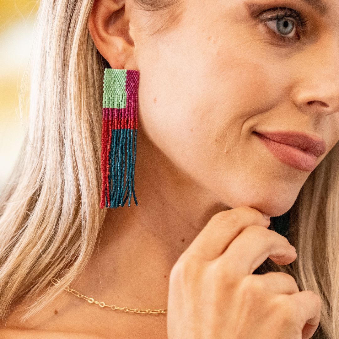 Belle Geo Shapes Beaded Fringe Earrings Mint Multicolor