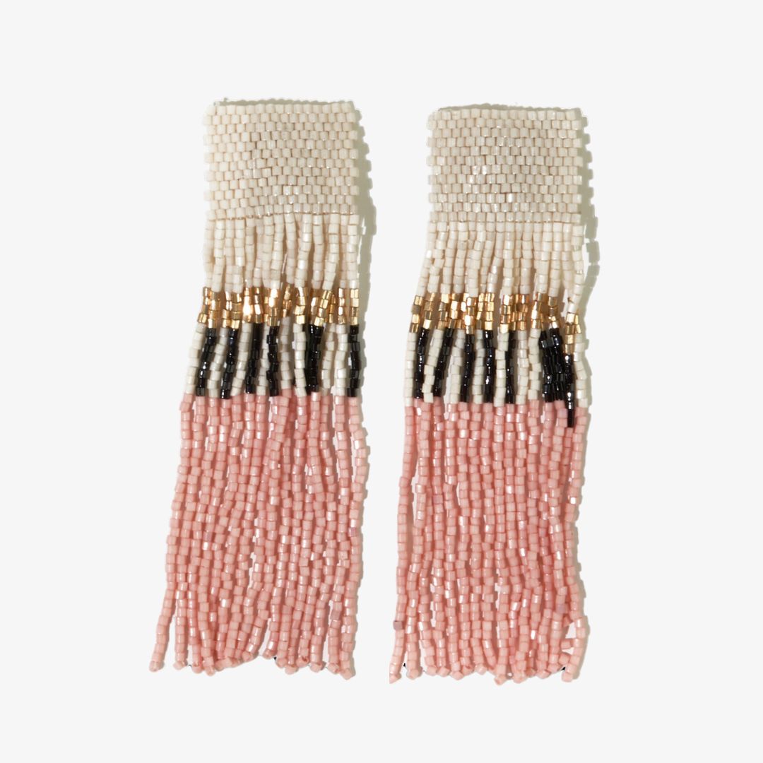 Belle Color Block with Stripes Beaded Fringe Earrings Blush