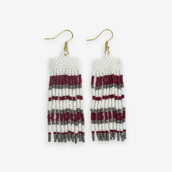 Adaline Game Day Horizontal Stripes Beaded Fringe Earrings Dark Red and Gray