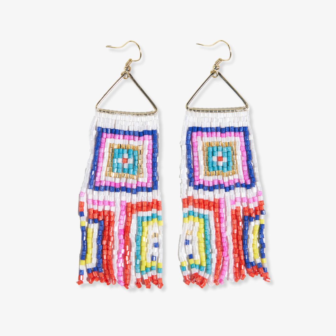 Brooke Squares Beaded Fringe Earrings Neon White