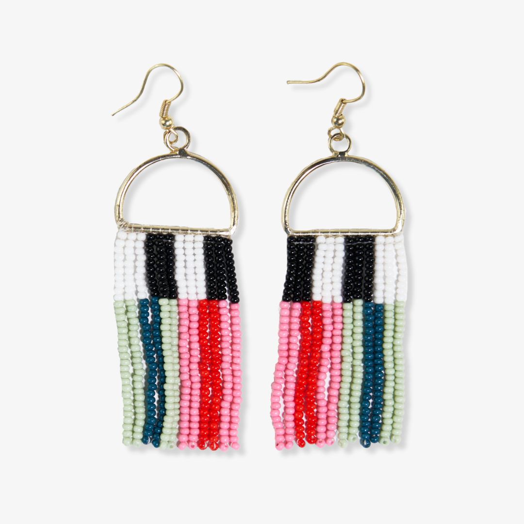 Allison Vertical Stripes Beaded Fringe Earrings Tomato Red