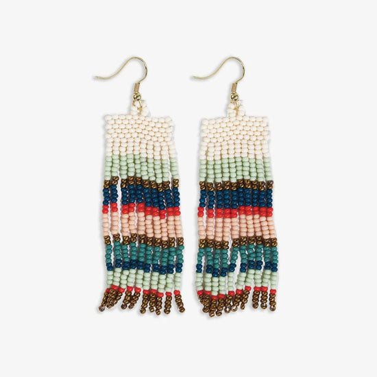 Adaline Horizontal Stripes Beaded Fringe Earrings Teal + Poppy