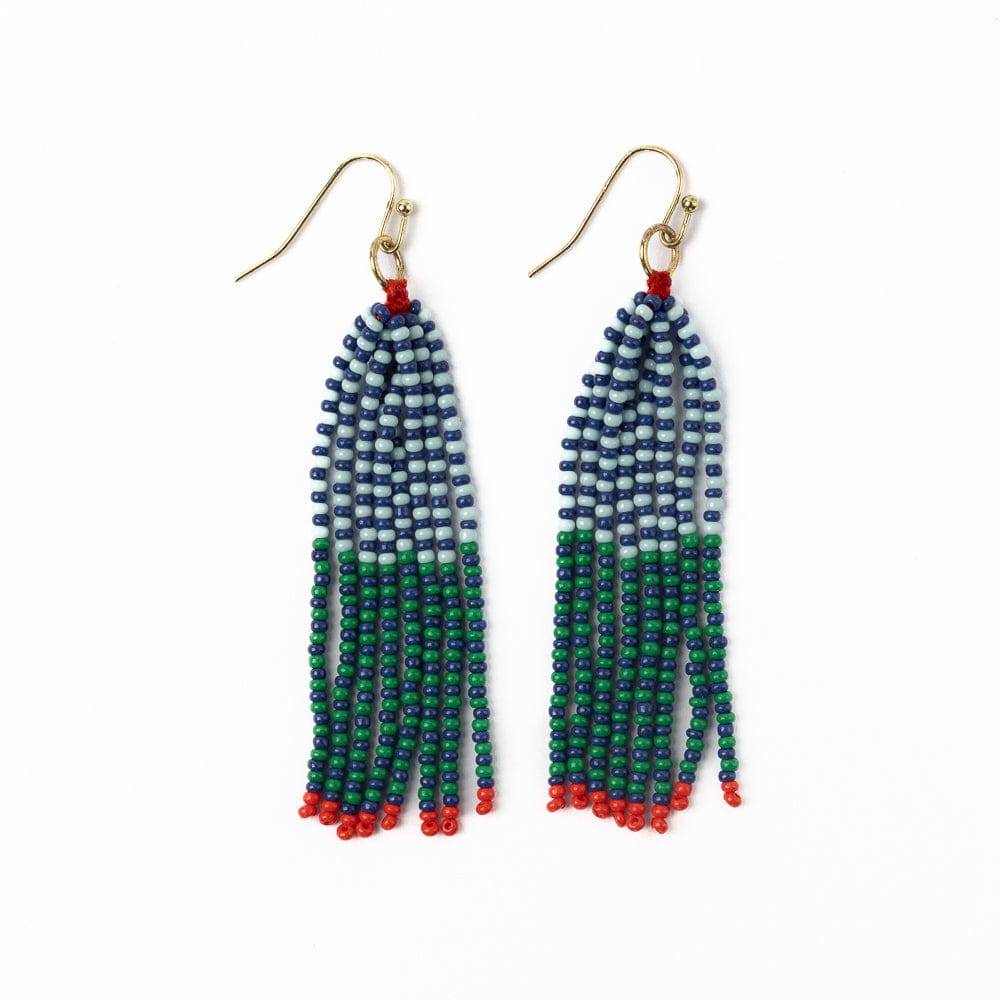 Abbey Tassel Alternating Seed Bead Earring Blue And Green Fringe