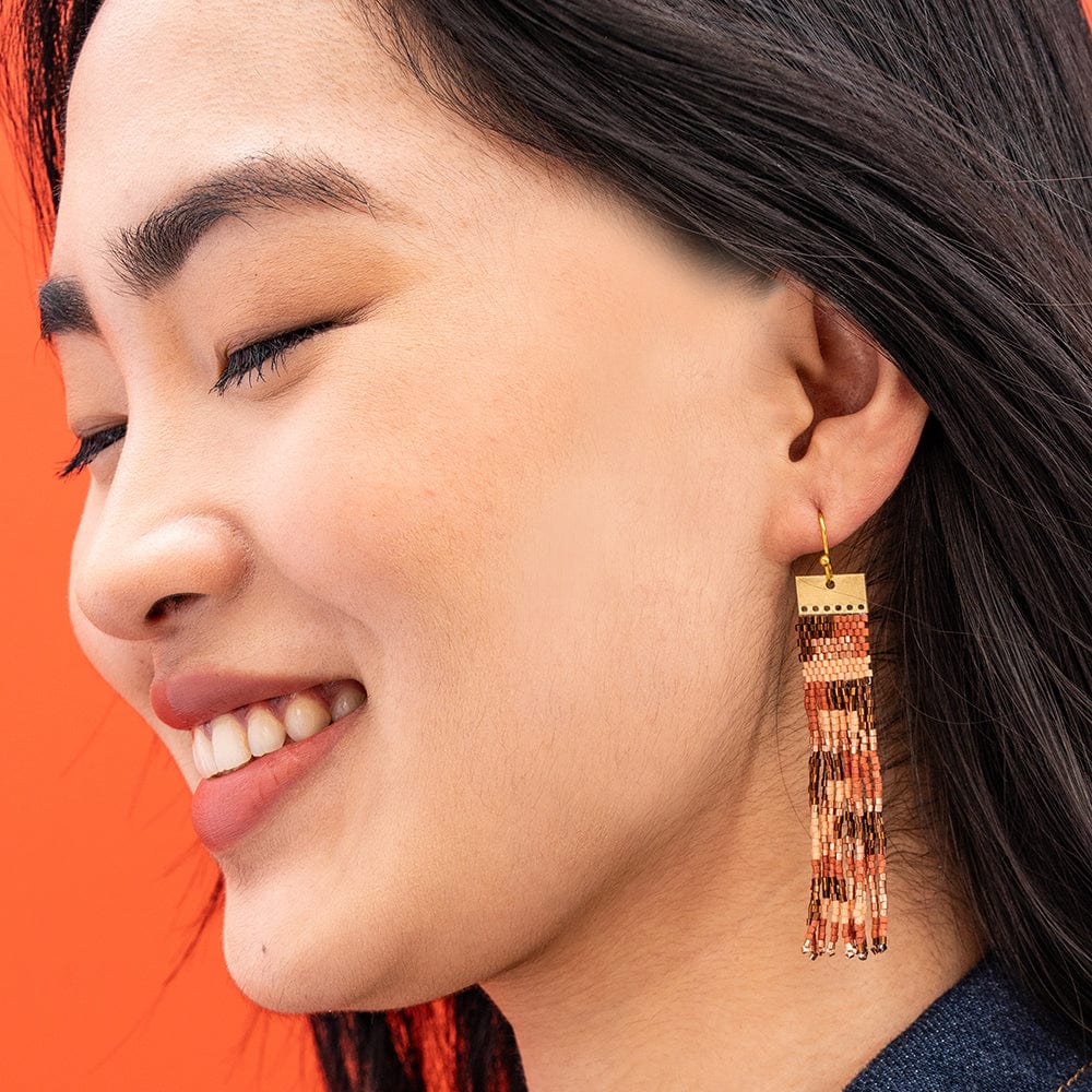 Ada Color Block Beaded Fringe Earrings Apricot And Bronze Fringe Earrings