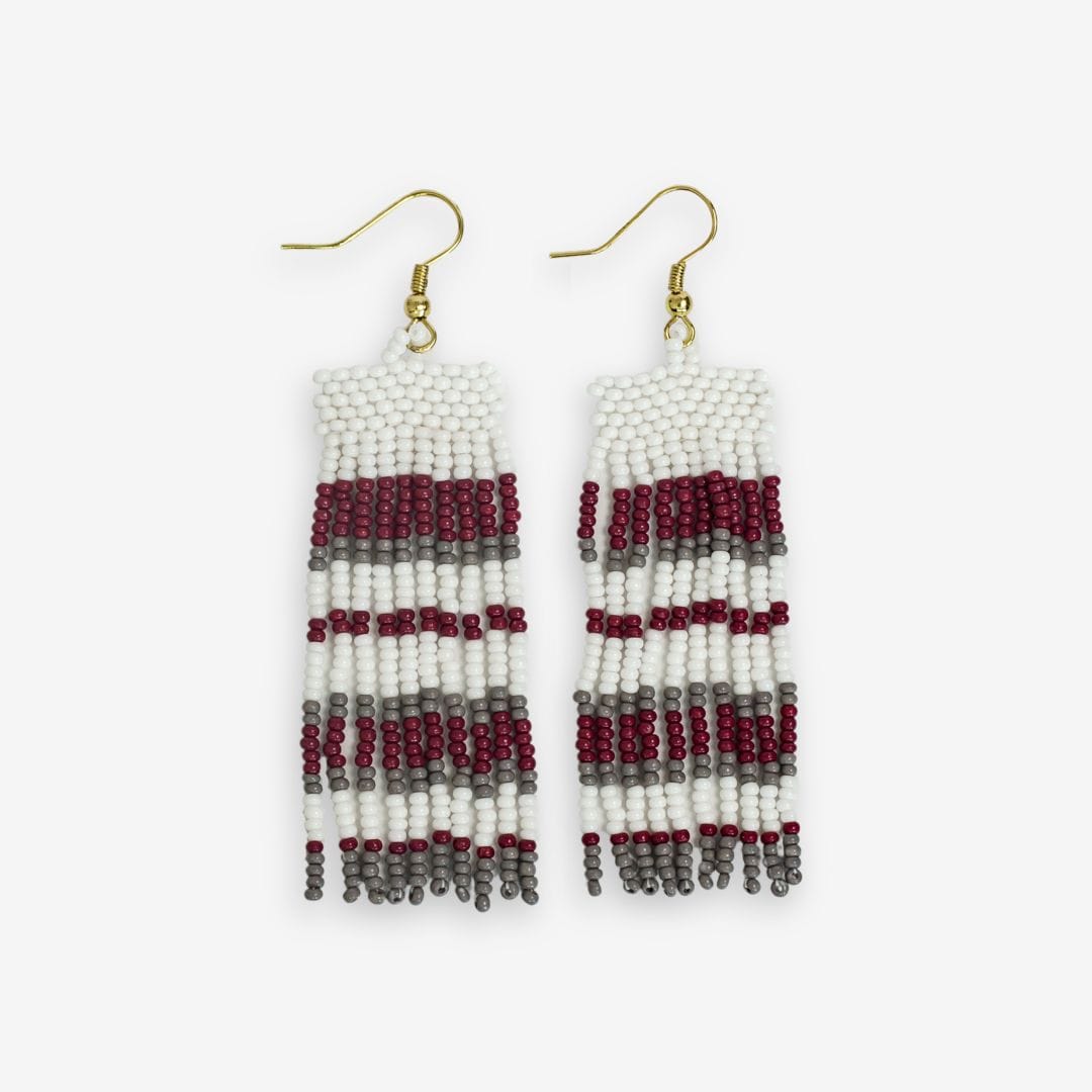 Adaline Game Day Horizontal Stripes Beaded Fringe Earrings Dark Red and Gray Fringe Earrings