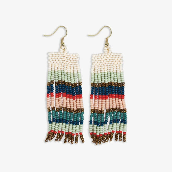 Adaline Horizontal Stripes Beaded Fringe Earrings Teal + Poppy Fringe Earrings