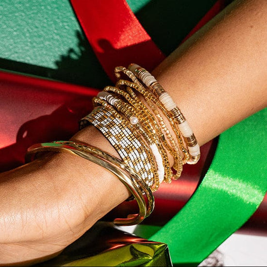 Alex Small Checkered Beaded Stretch Bracelet Ivory/Gold Stretch