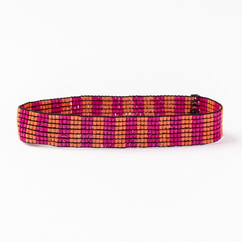 Alex Stripes Beaded Stretch Bracelet Hot Pink Coral Stretch