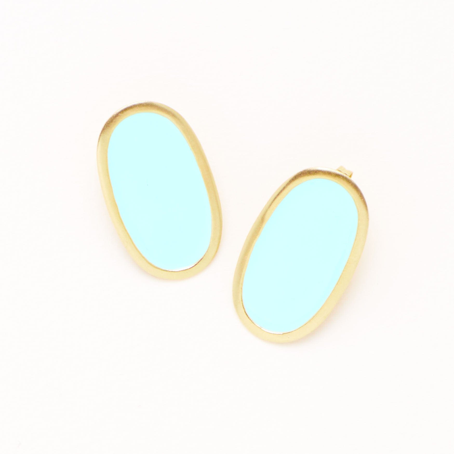 Alexis Oval Enamel Post Earrings Aqua Framed In Brass Large Stud