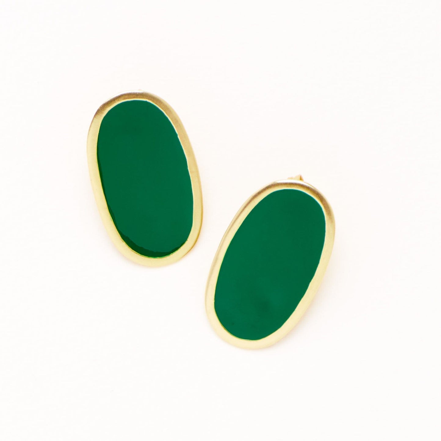 Alexis Oval Enamel Post Earrings Green Framed In Brass Large Stud