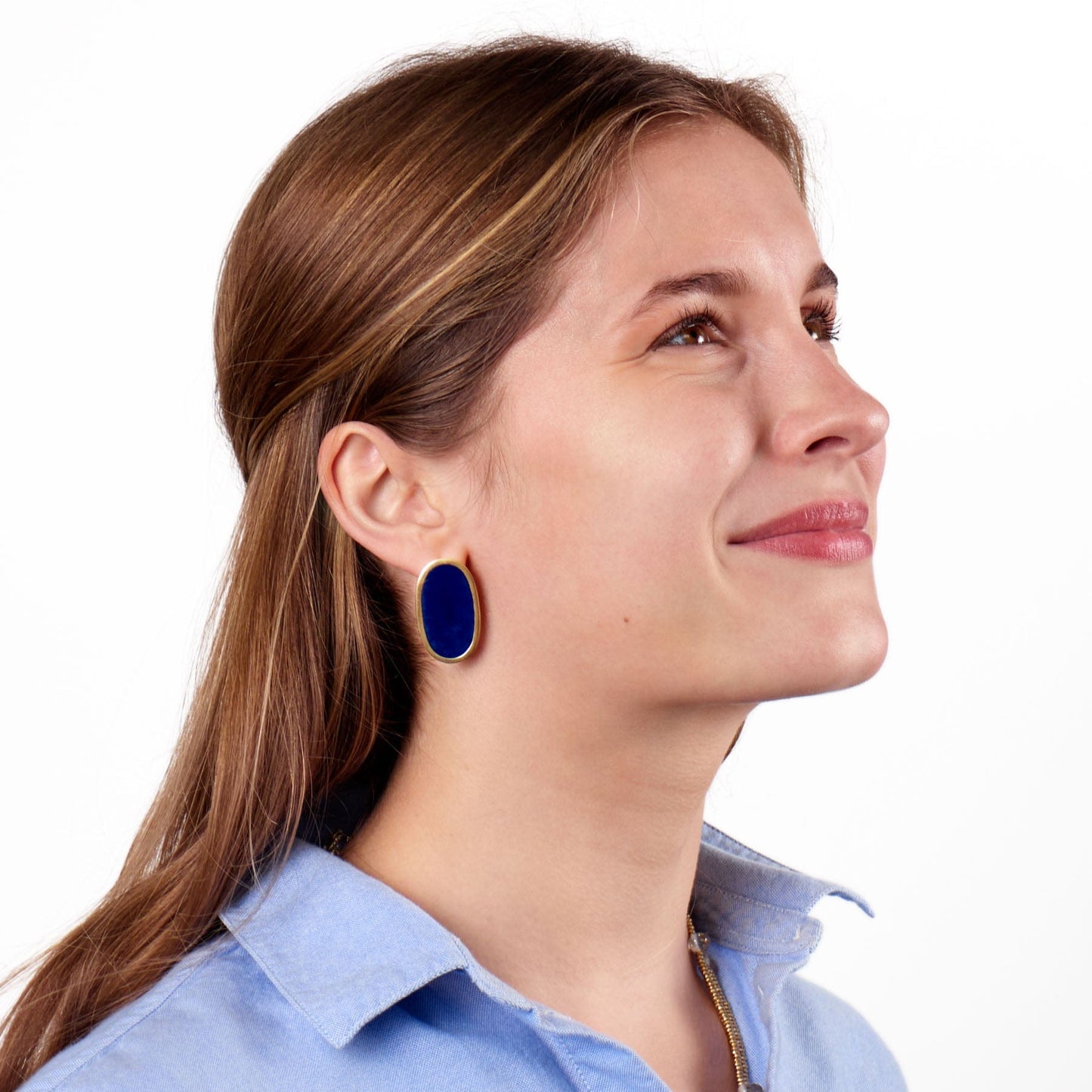 Alexis Oval Enamel Post Earrings Navy Framed In Brass Large Stud