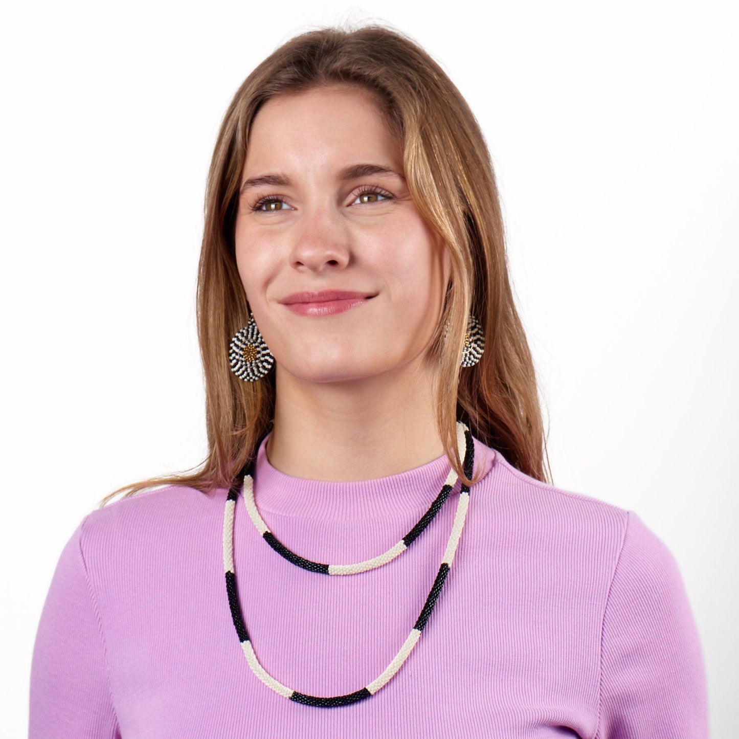 Allie Seed Bead Long Necklace Black + White Single Strand