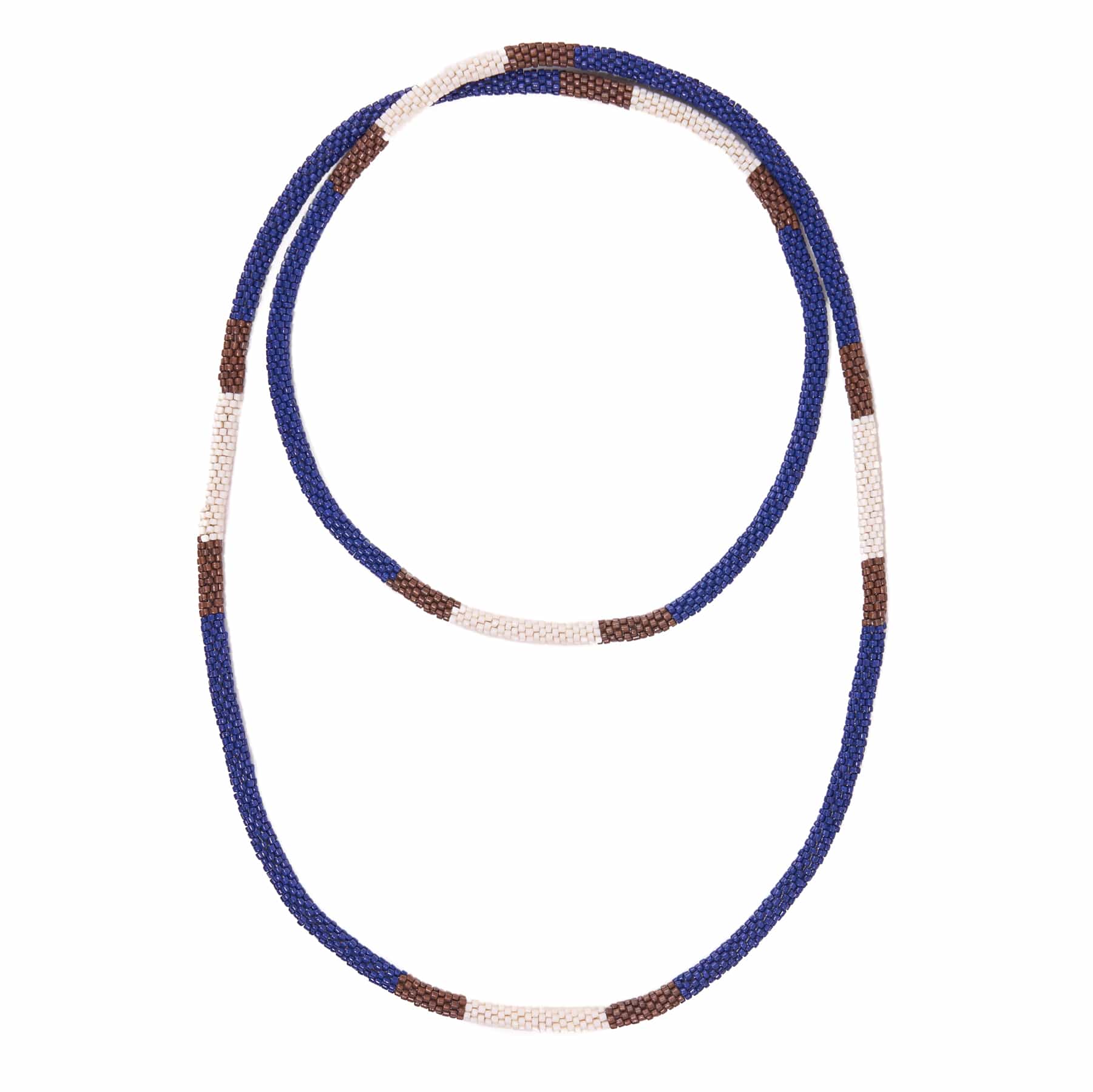 Allie Seed Bead Long Necklace Brown, Blue, + Ivory Single Strand