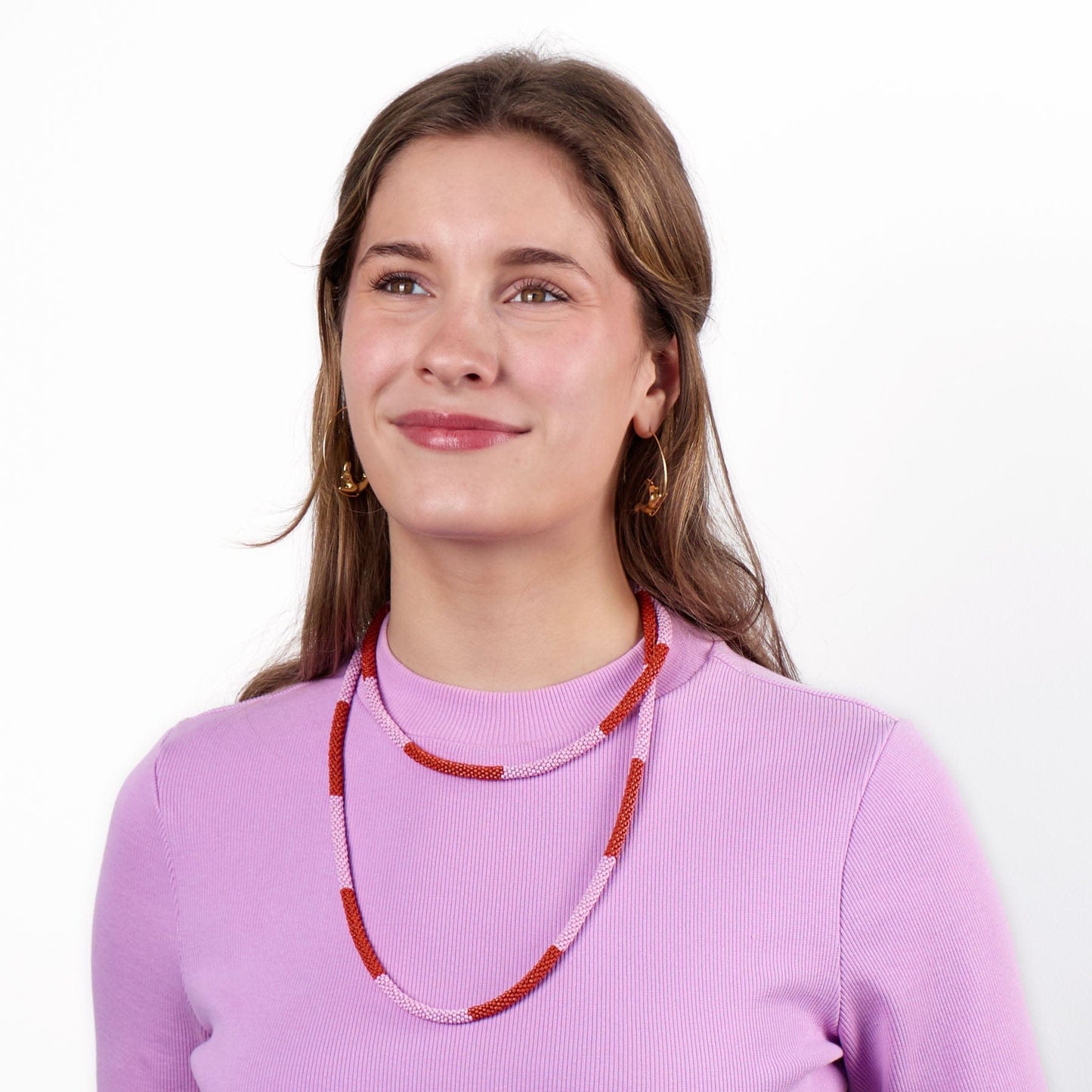 Allie Seed Bead Long Necklace Lavender + Rust Single Strand