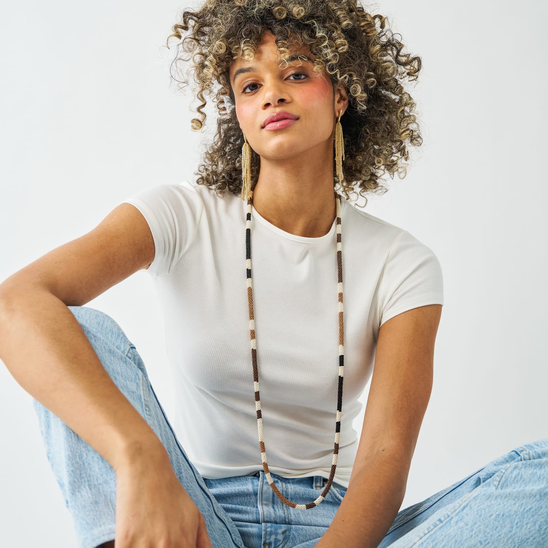 Allie Seed Bead Long Necklace Neutral Single Strand