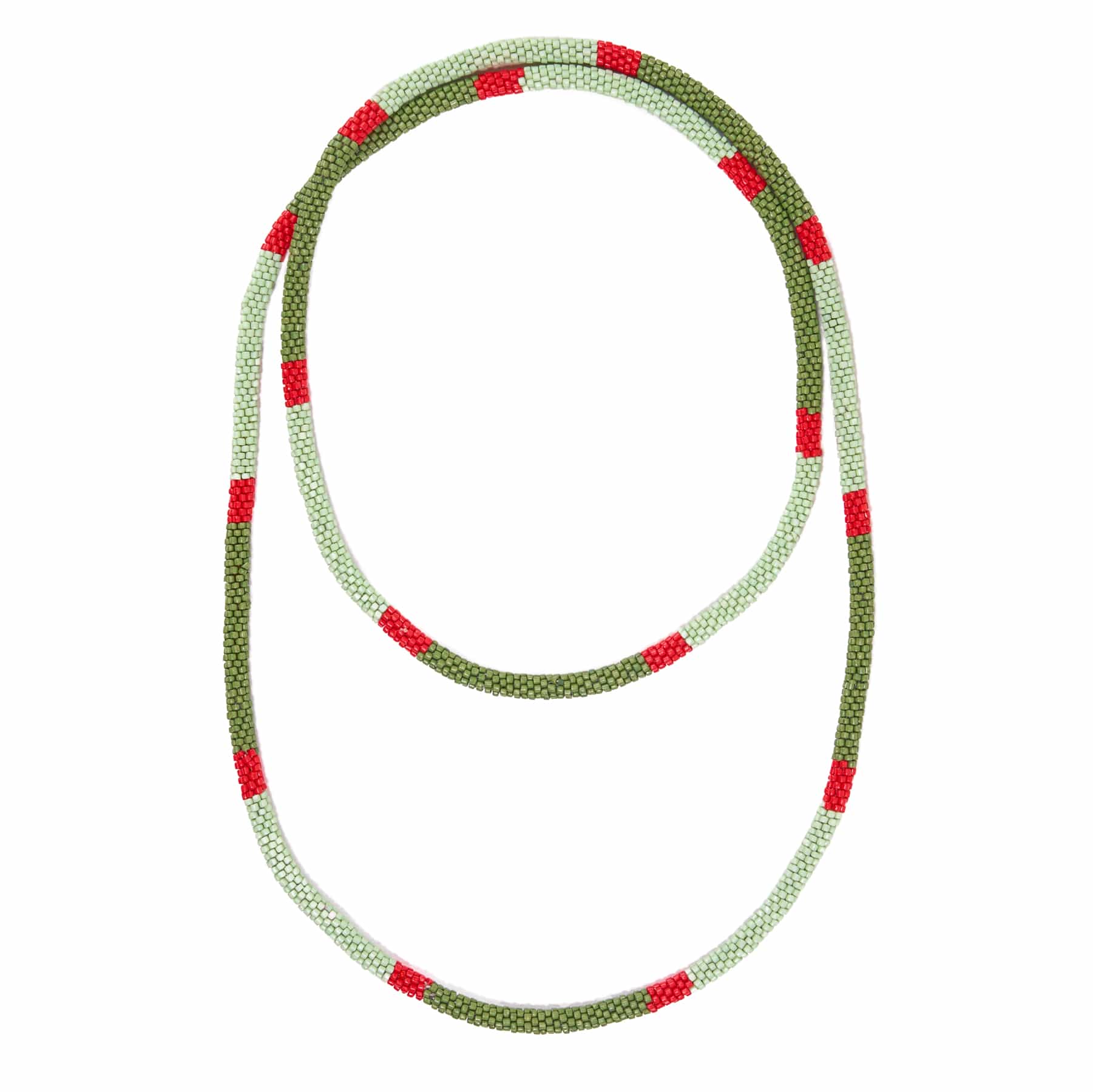 Allie Seed Bead Long Necklace Olive, Mint, + Red Single Strand