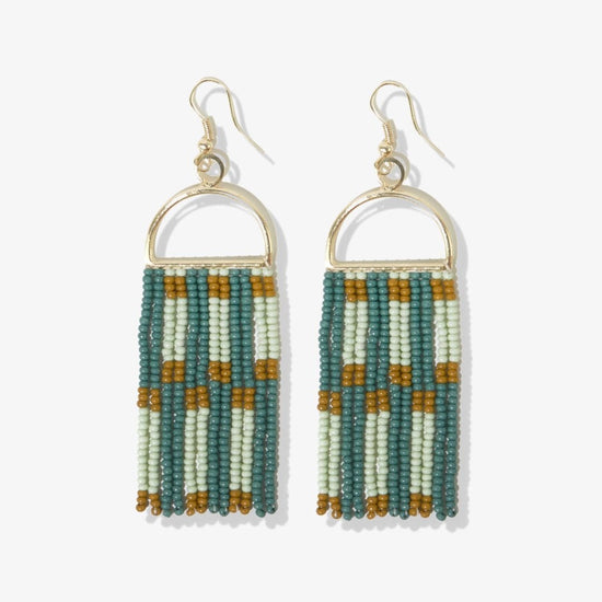 Allison Check Stripe Beaded Fringe Earrings Green Fringe Earrings