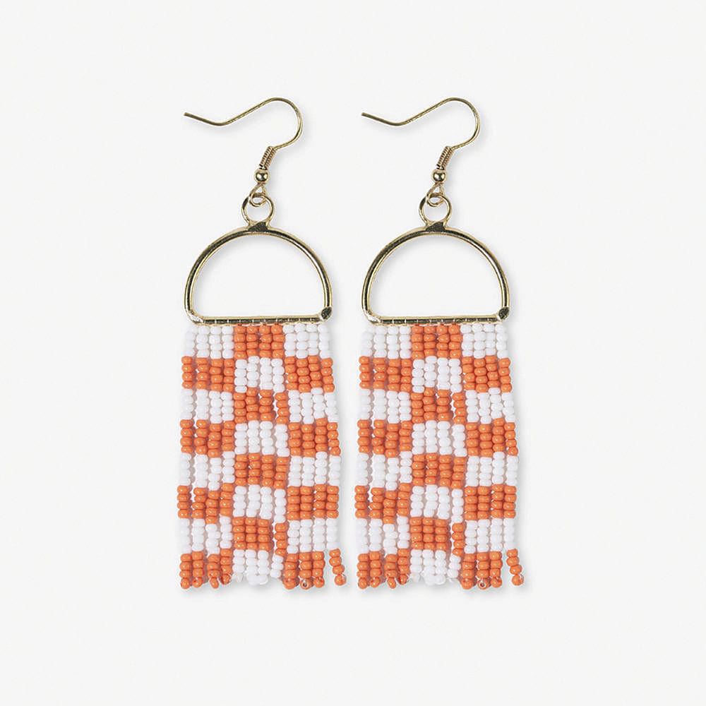 Allison Checkered Beaded Fringe Earrings Orange + White