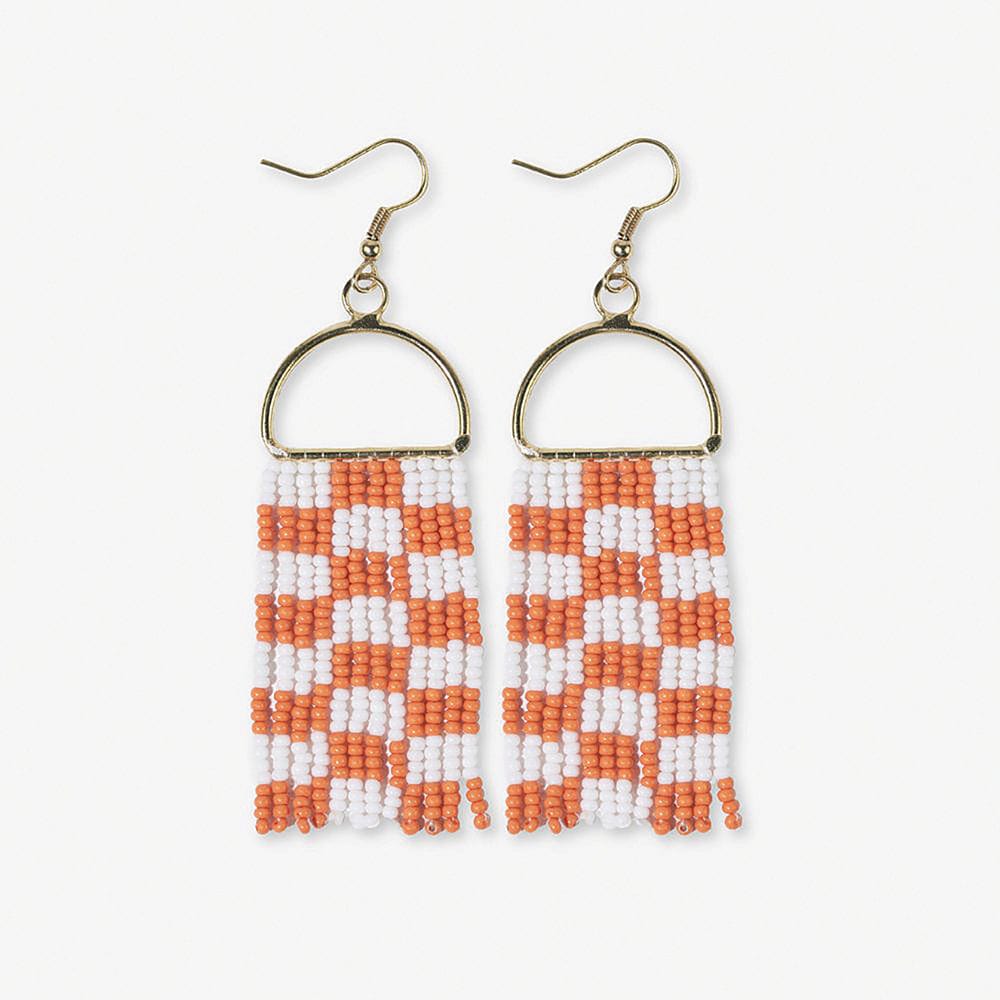 Allison Checkered Beaded Fringe Earrings Orange + White
