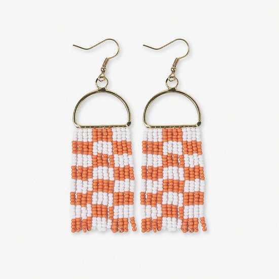 Allison Checkered Beaded Fringe Earrings Orange + White