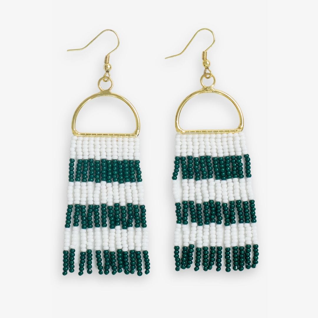 Allison Game Day Horizontal Stripes Beaded Fringe Earrings Dark Green and White Fringe Earrings