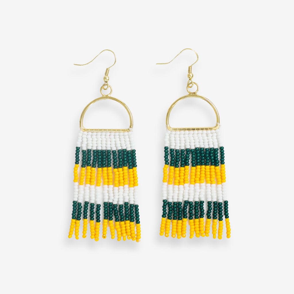 Allison Game Day Horizontal Stripes Beaded Fringe Earrings Green and Yellow