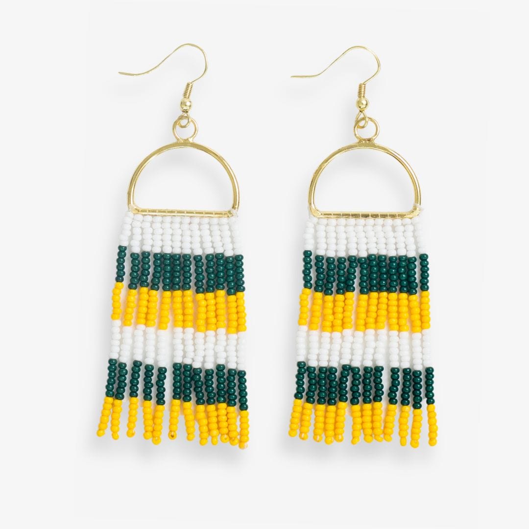 Allison Game Day Horizontal Stripes Beaded Fringe Earrings Green and Yellow Fringe Earrings