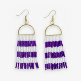 Allison Game Day Horizontal Stripes Beaded Fringe Earrings Purple and White Fringe Earrings