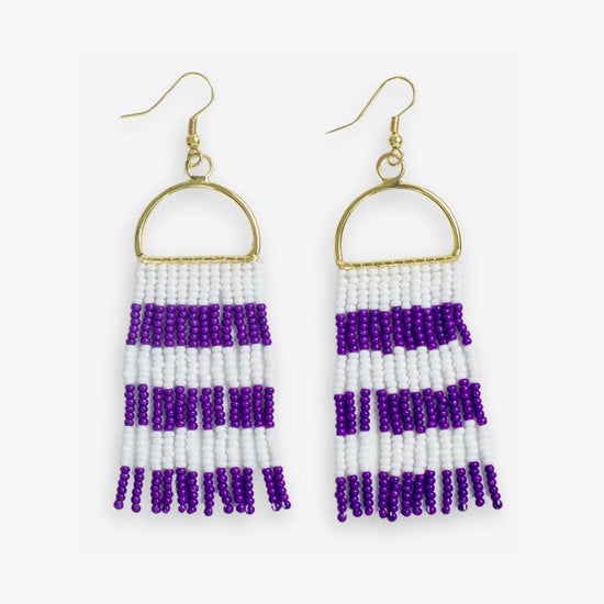 Allison Game Day Horizontal Stripes Beaded Fringe Earrings Purple and White Fringe Earrings