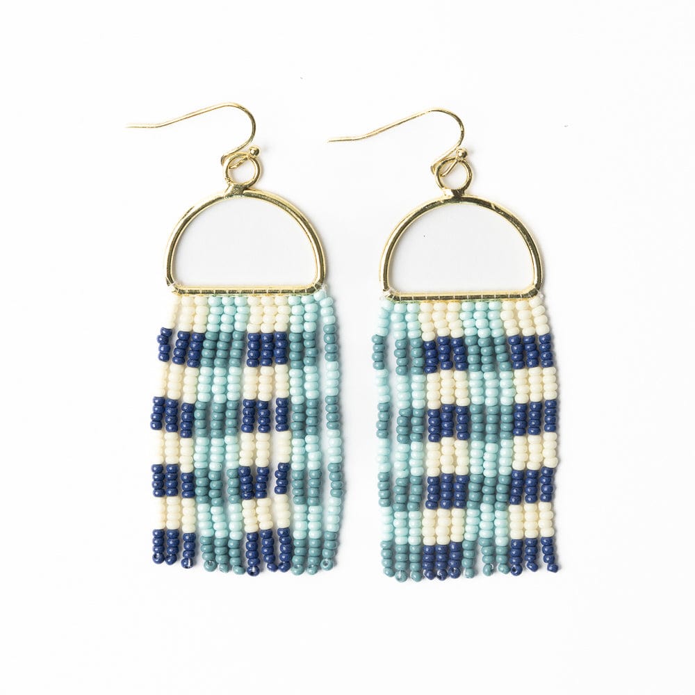 Allison Gingham Beaded Fringe Earrings Blue Fringe