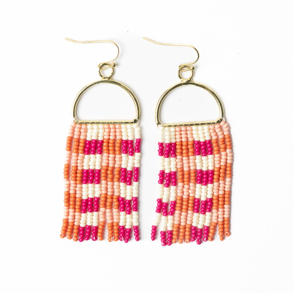 Allison Gingham Beaded Fringe Earrings Pink Fringe
