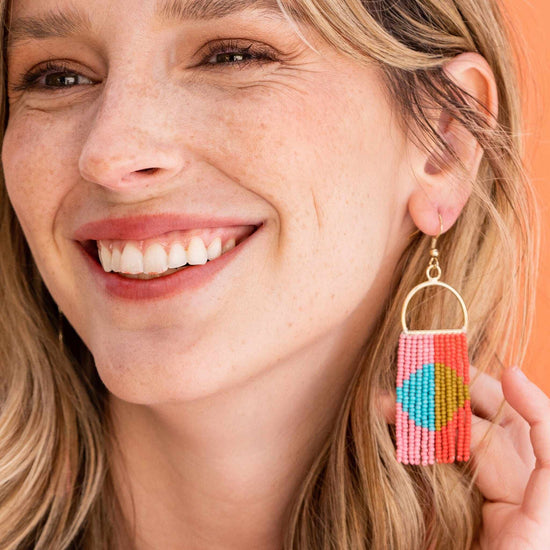 Load image into Gallery viewer, Allison Half Circle Color Block Beaded Fringe Earrings Tomato Red Earrings
