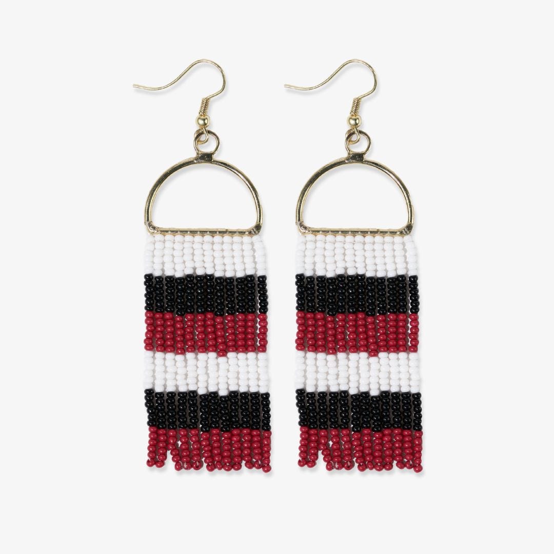 Allison Horizontal Stripe Beaded Fringe Earrings Red + Black Fringe Earrings